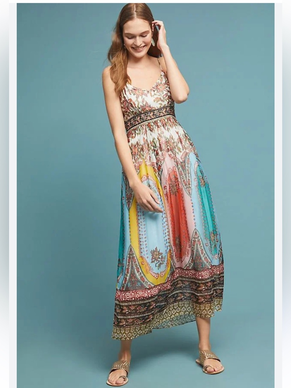 Anthropologie Virginia Paisley Maxi Dress Smocked Size 6 Boho Festival
